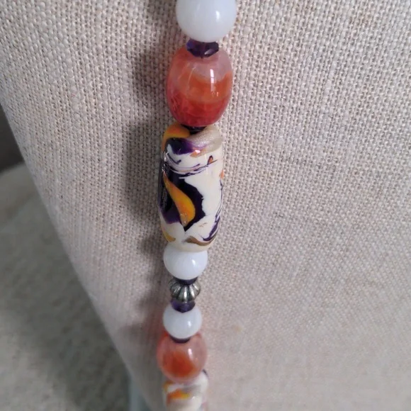 Multi Gem Long Beaded Necklace, Artisan, Unique, Amethyst, Agate, Silver, 32" - Picture 6 of 7